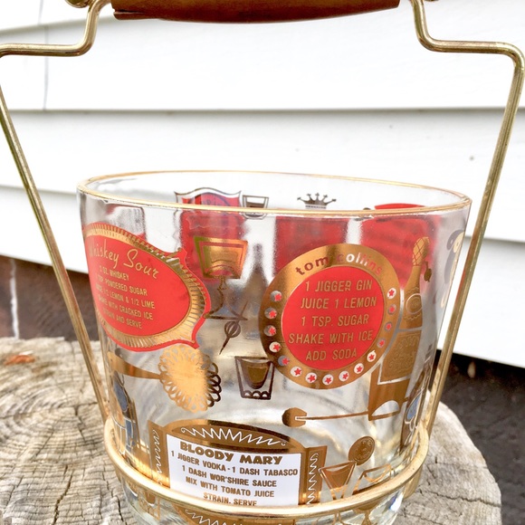 Vintage MCM Jeannette Glass Ice Bucket w/ Brass & Wood Carrier - Picture 2 of 5